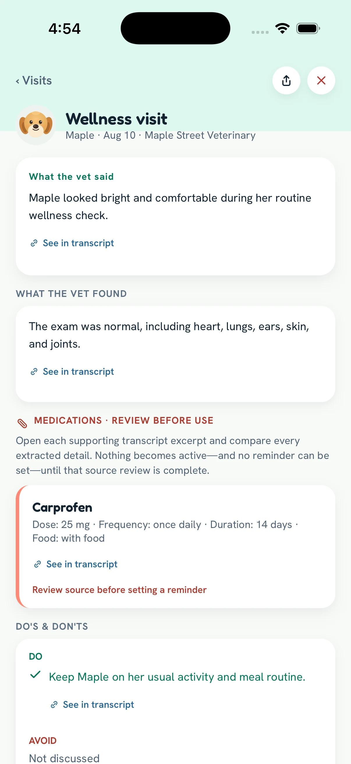 A Carefully visit summary with reviewed next steps and the original source available