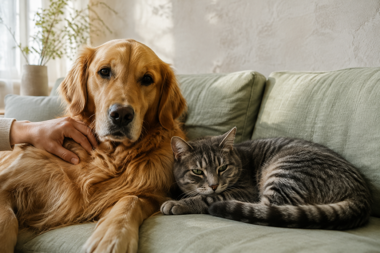 A golden retriever and a tabby cat sharing a quiet moment at home