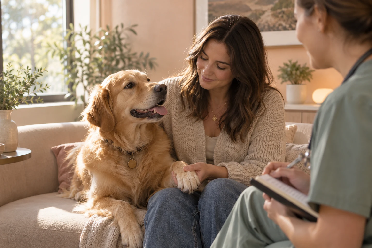 A pet parent gently holds their dog’s paw while listening to a veterinarian